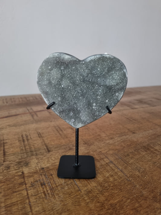 Zeolite flower amethyst heart on stand